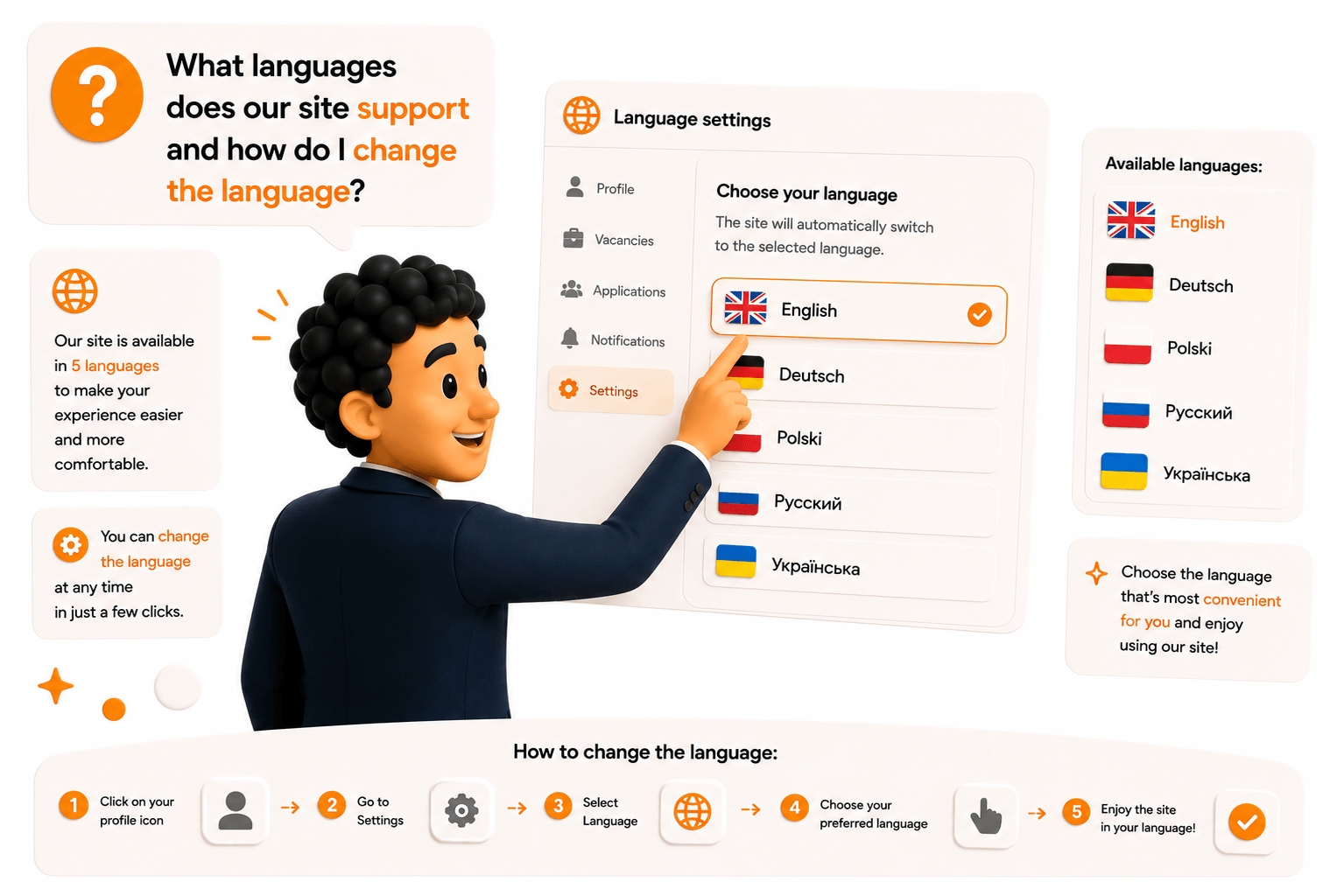 Which languages does BzzJob work in and how do I change the language?