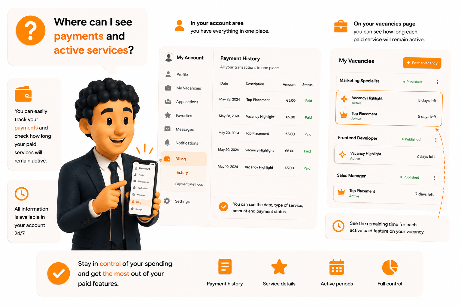 Where can I view payments and active services?